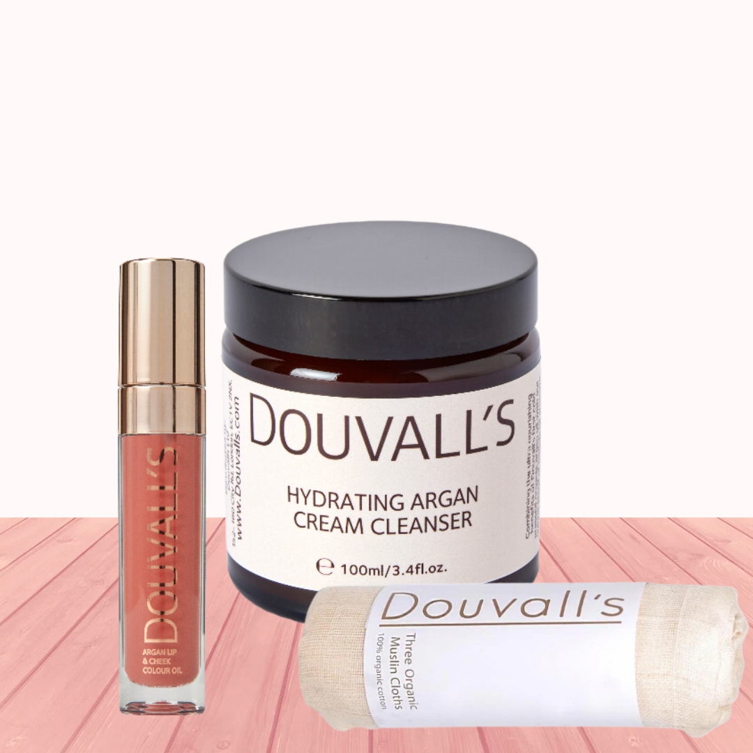 Douvalls Set - Organic Argan Nourishing Cream Cleanser + 100% Organic Cotton Muslin Cloth + Argan Lip and Cheek color Oil