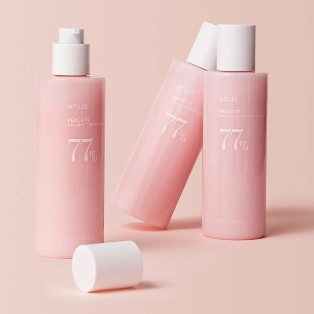 Anua Peach 77% Niacin Conditioning Milk – лека емулсия със 77% праскова, ниацинамид, пантенол, хиалуронова киселина и центела за сияен тен.