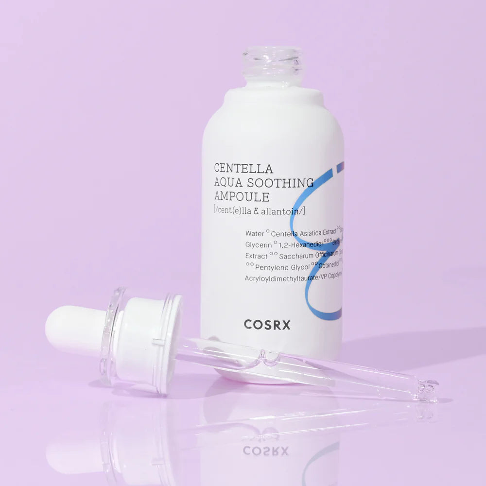 COSRX Hydrium Centella Aqua Soothing Ampoule успокоява чувствителната кожа, намалява зачервяването и осигурява дълбока хидратация с центела и хиалуронова киселина. Подходяща за всички типове кожа.