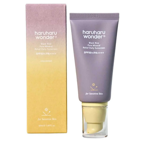 Минерален слънцезащитен крем Haruharu Wonder SPF50+ PA++++ с цинков оксид, черен ориз, ниацинамид и серамид NP. Подходящ за чувствителна кожа.