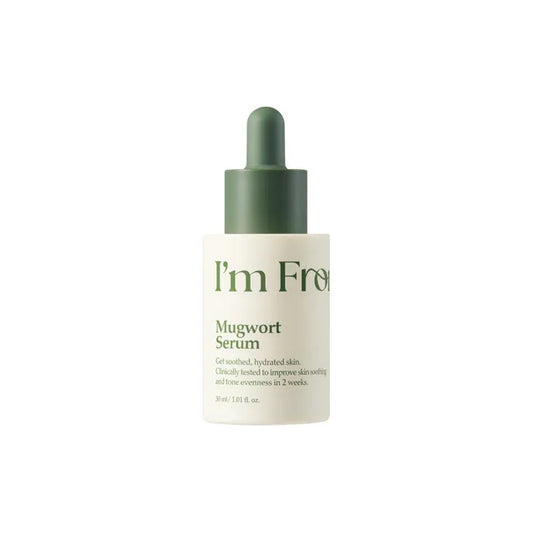 I’m From Mugwort Serum – успокояващ серум с 57% пелин, ниацинамид, пантенол, бета-глюкан, серамид NP и хиалуронова киселина за чувствителна кожа.