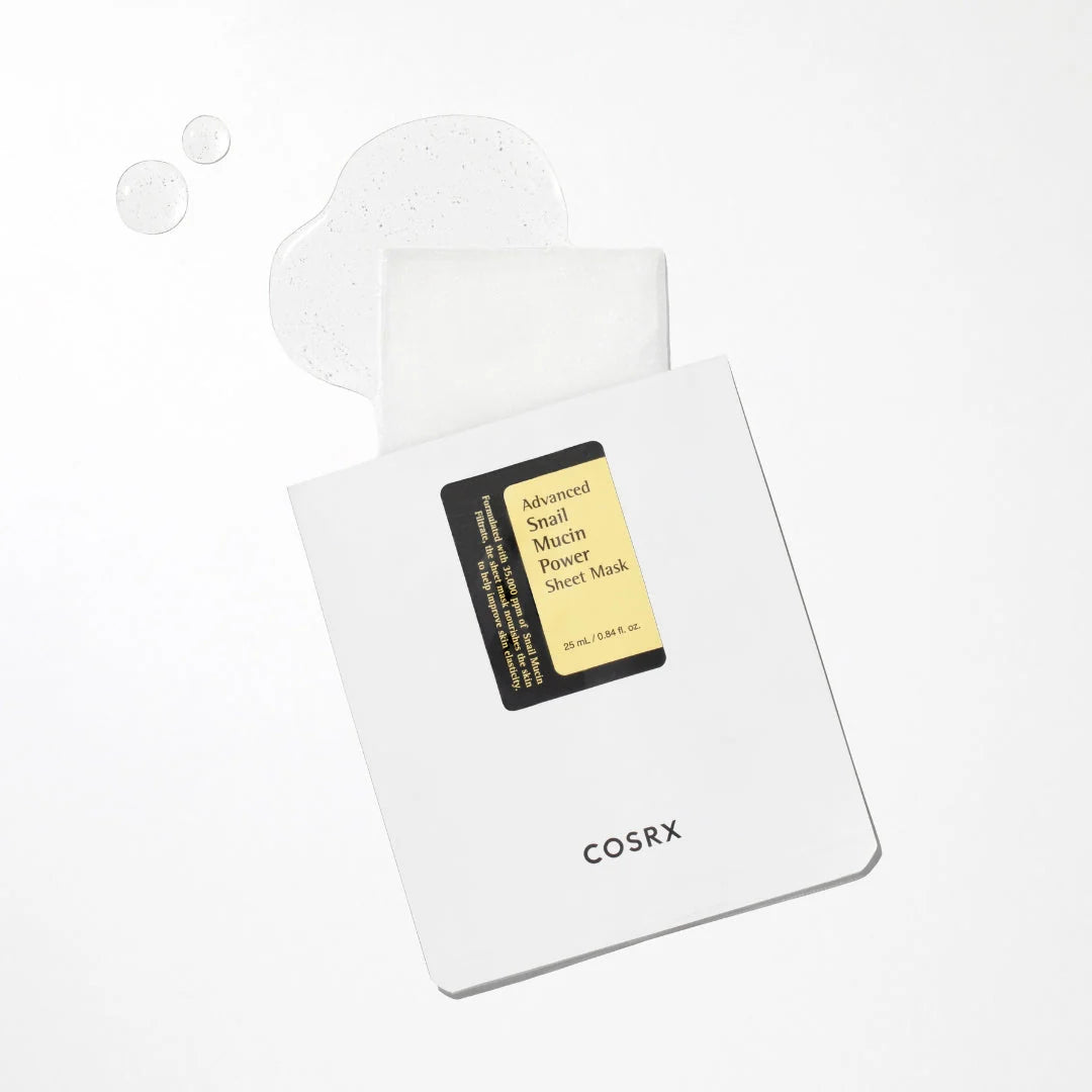 COSRX Advanced Snail Mucin Power Sheet Mask осигурява интензивна хидратация, подпомага регенерацията на кожата и подобрява еластичността. Подходяща за суха, чувствителна и дехидратирана кожа.