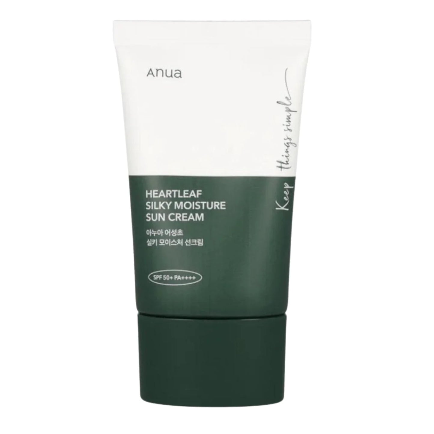 Anua Heartleaf Silky Moisture Sun Cream SPF50+ PA++++ – лек слънцезащитен крем с Heartleaf, центела, пантенол, ниацинамид и хиалуронова киселина.