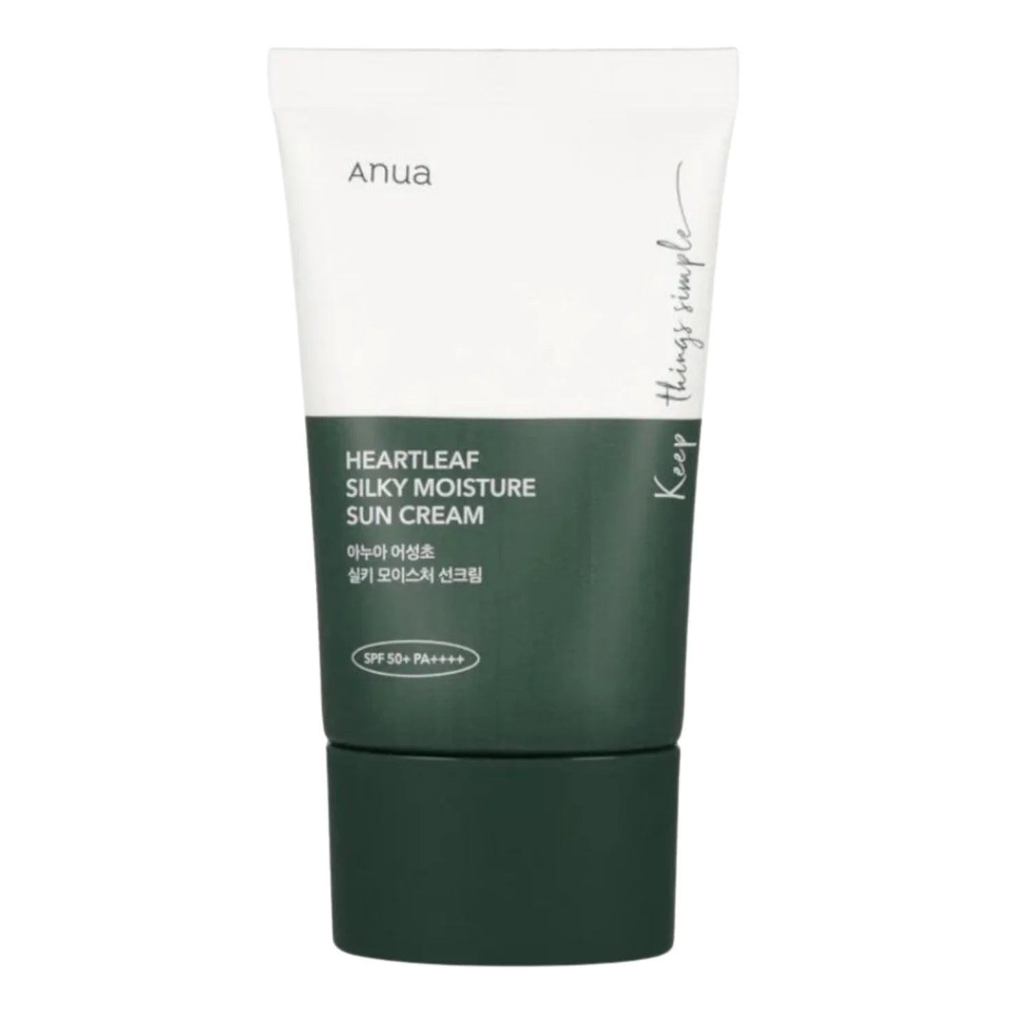Anua Heartleaf Silky Moisture Sun Cream SPF50+ PA++++ – лек слънцезащитен крем с Heartleaf, центела, пантенол, ниацинамид и хиалуронова киселина.