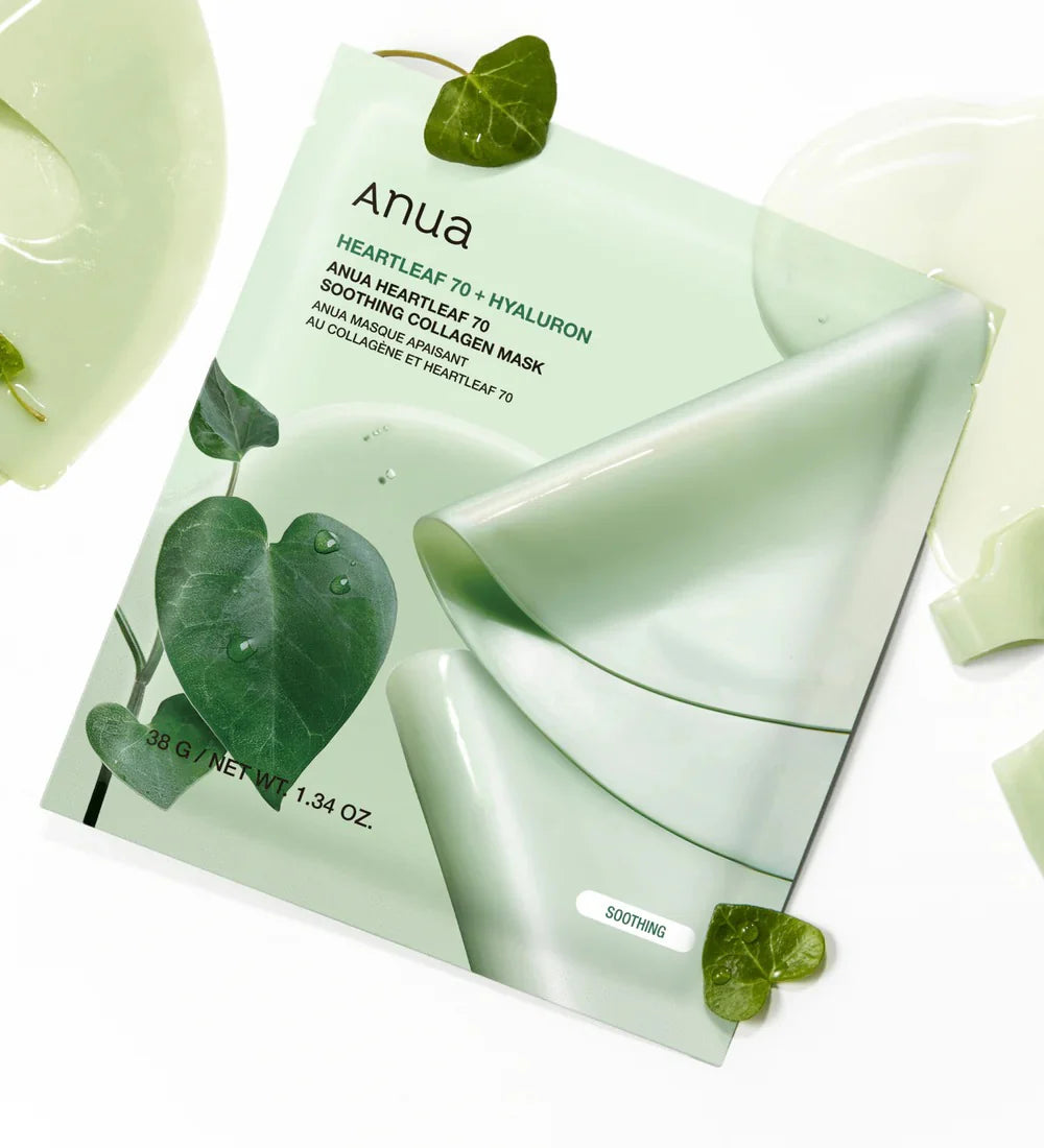 Anua Heartleaf 70 Soothing Collagen Mask – успокояваща шийт маска със 70% Heartleaf, веган колаген, центела, пантенол и хиалуронова киселина.