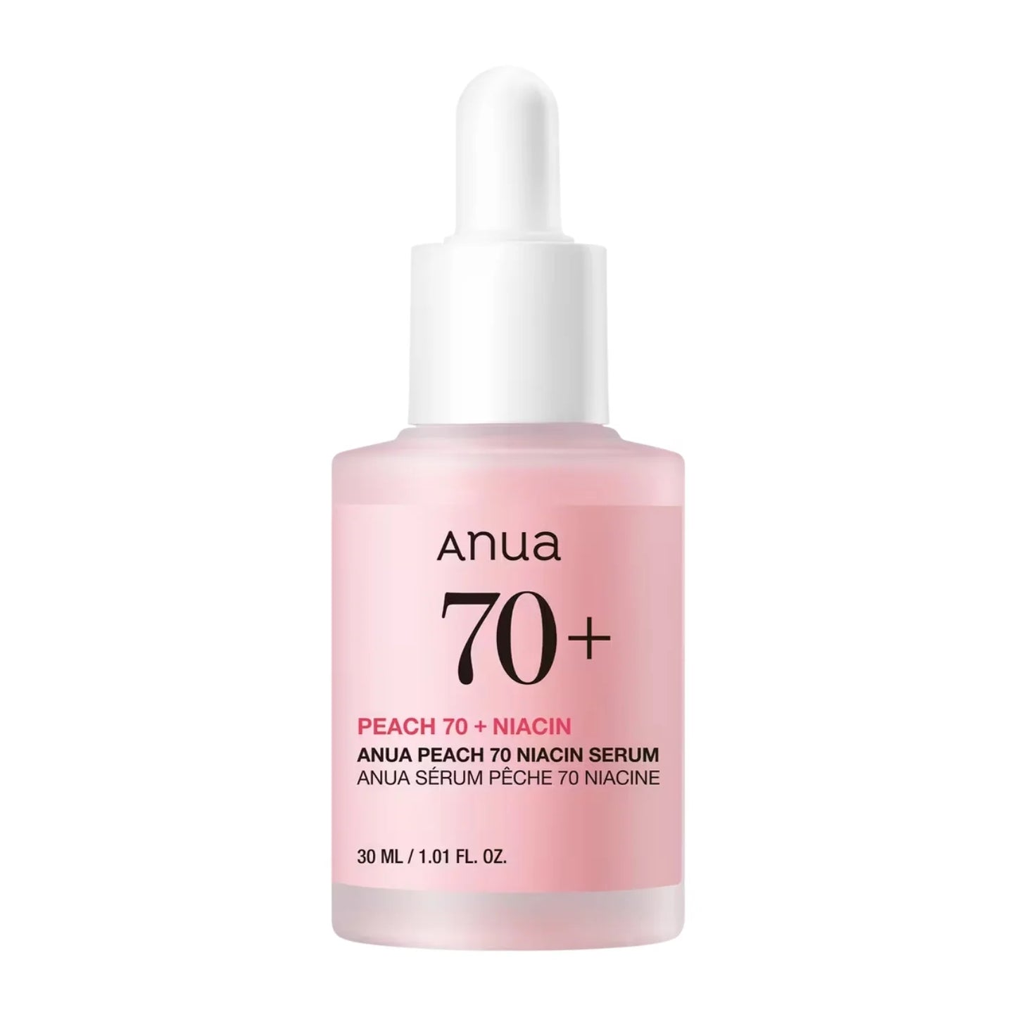 Anua Peach 70 Niacin Serum – озаряващ серум със 70% праскова, ниацинамид, хиалуронова киселина, пантенол и центела за сияен тен.