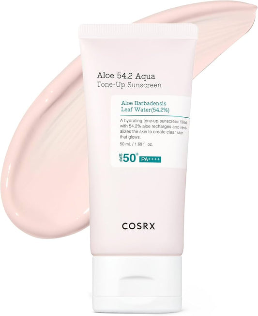 COSRX Aloe 54.2 Aqua Tone-up Sunscreen SPF50+ PA++++ осигурява много висока UV защита, хидратира и успокоява кожата с алое вера, като изравнява тена с лек озаряващ ефект. Подходящ за ежедневна употреба.
