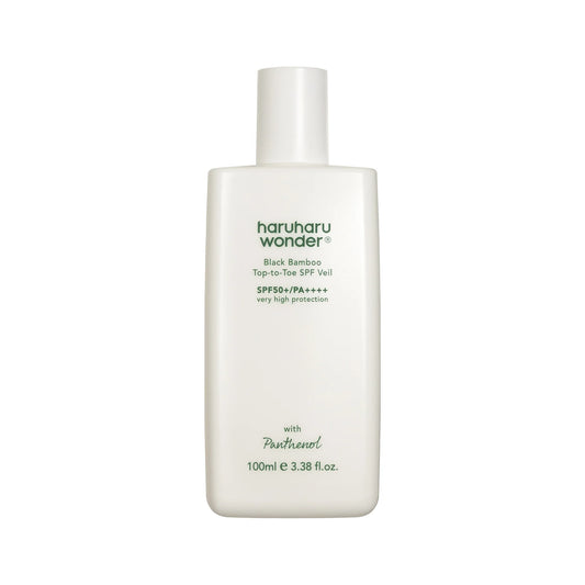 Haruharu Wonder Black Bamboo Top-to-Toe SPF Veil SPF50+ PA++++ – лек слънцезащитен продукт за лице и тяло с черен бамбук и хидратиращи съставки.