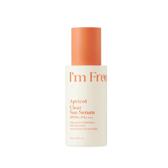 I’m From Apricot Clear Sun Serum SPF50+ PA++++ – лек SPF серум с кайсия, ниацинамид, хиалуронова киселина и витамин C за защита и сияен тен.