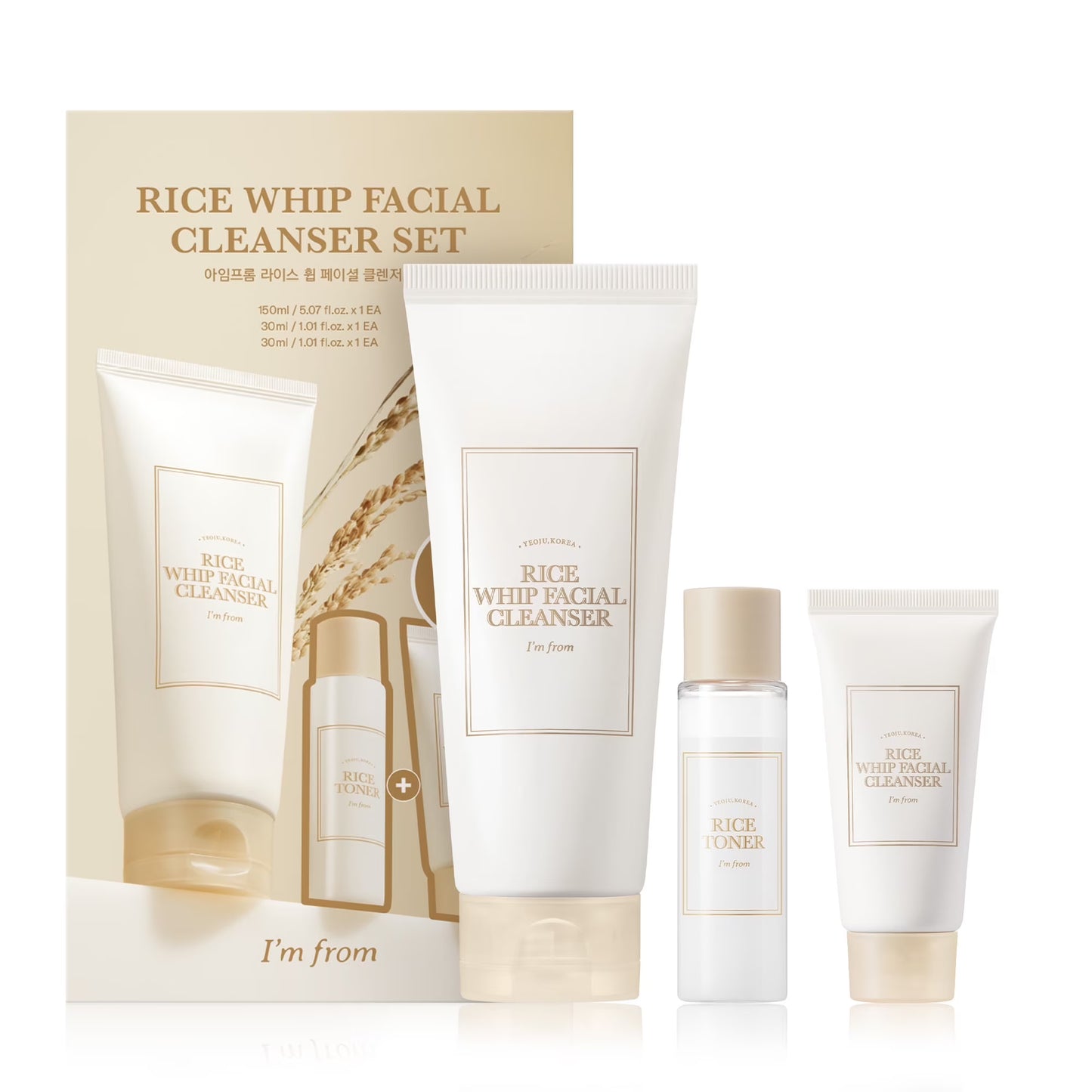 I’m From Rice Whip Facial Cleanser Set – комплект с почистваща пяна и тонер с ориз за нежно почистване, хидратация и сияйна кожа.