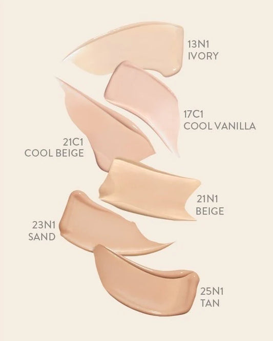 Color swatches of foundation shades with labels on a beige background