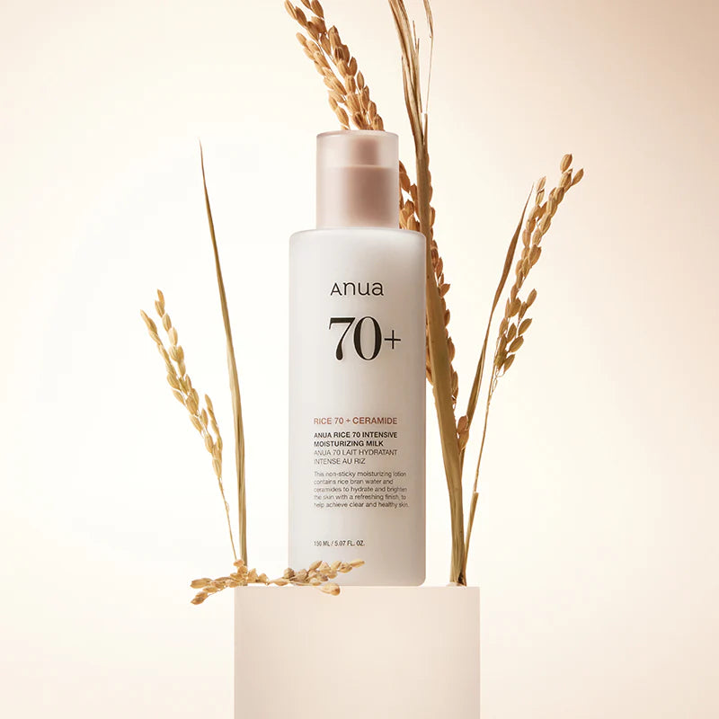 Anua skincare product with rice bran on a light background