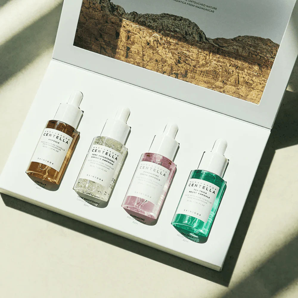 SKIN1004 Ampoule Kit включва 4 ампули за успокояване, сияние и пори. Идеален за чувствителна, мазна и проблемна кожа.