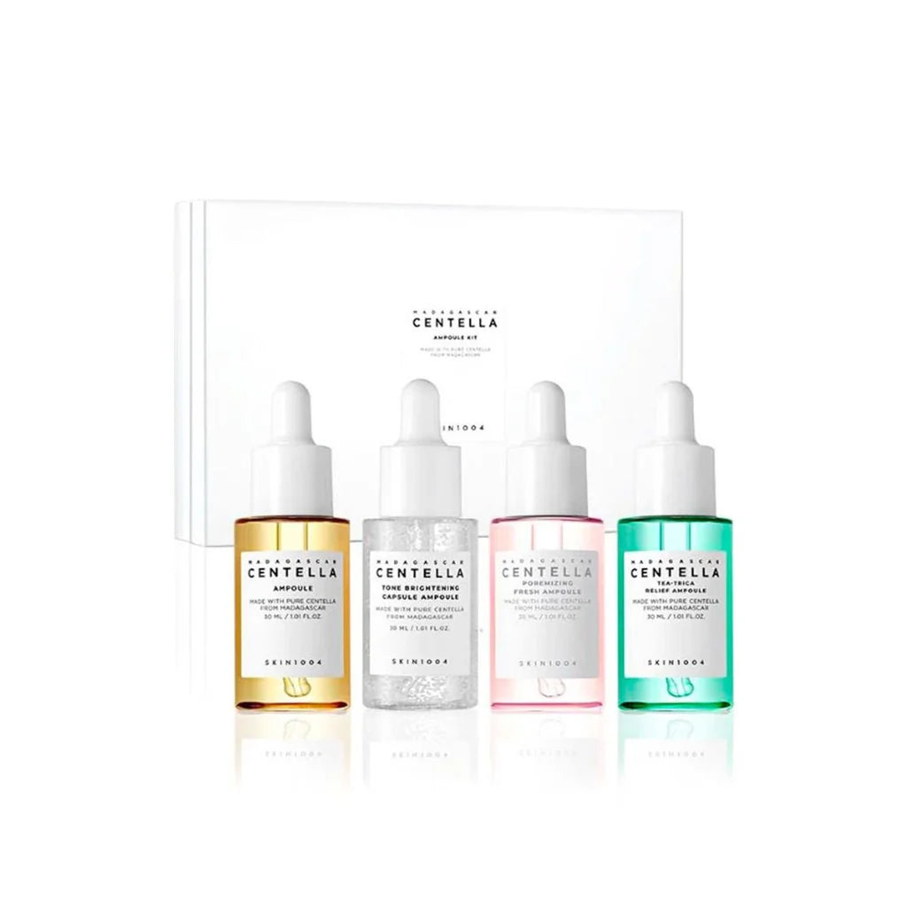 SKIN1004 Ampoule Kit включва 4 ампули за успокояване, сияние и пори. Идеален за чувствителна, мазна и проблемна кожа.