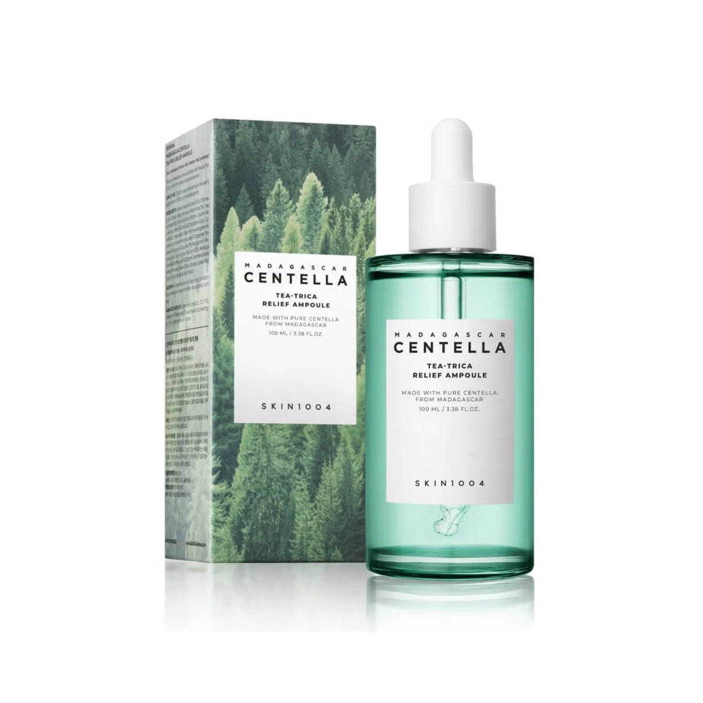 SKIN1004 Tea-Trica Relief Ampoule успокоява акне, регулира себума и свива порите с центела и чаено дърво. Подходяща за мазна и проблемна кожа.
