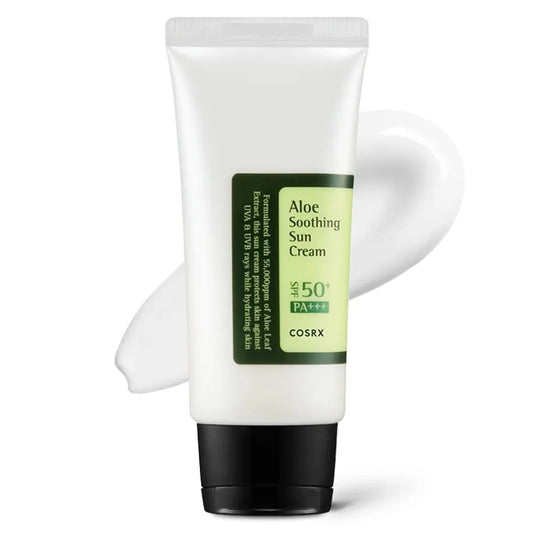 COSRX Aloe Soothing Sun Cream SPF50 PA+++ осигурява висока защита от UVA и UVB лъчите, успокоява кожата с алое вера и поддържа дълготрайна хидратация. Подходящ за всички типове кожа.
