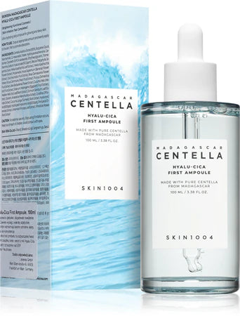 SKIN1004 Hyalu-Cica First Ampoule хидратира, успокоява и подготвя кожата след почистване с центела и хиалуронова киселина. Подходяща за чувствителна и дехидратирана кожа.